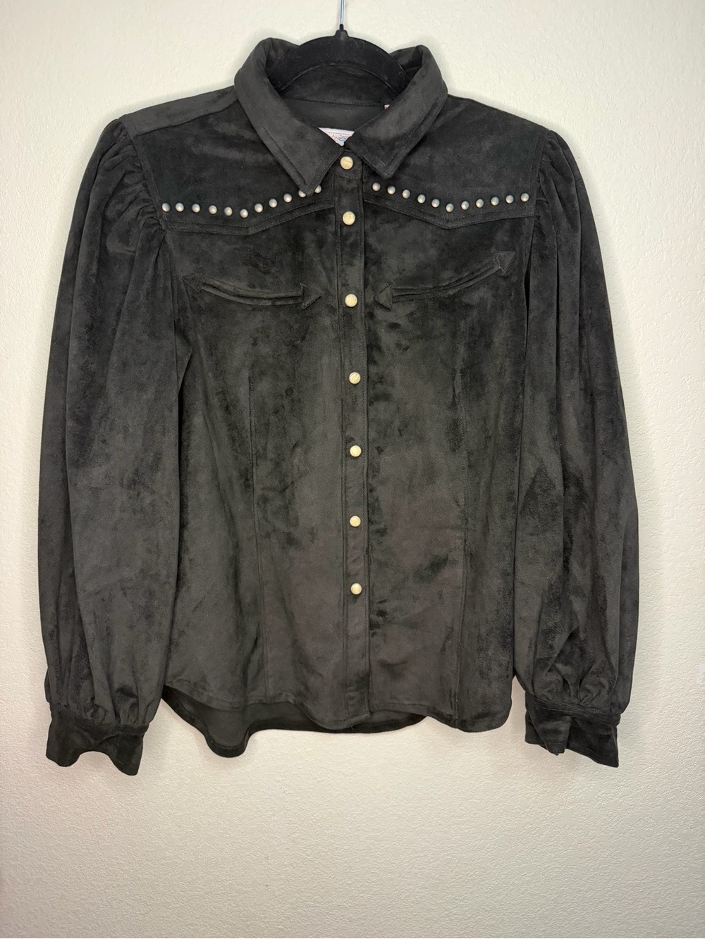 Panhandle Women Small Black Faux Suede Studded Pearl Snap Western Shirt
